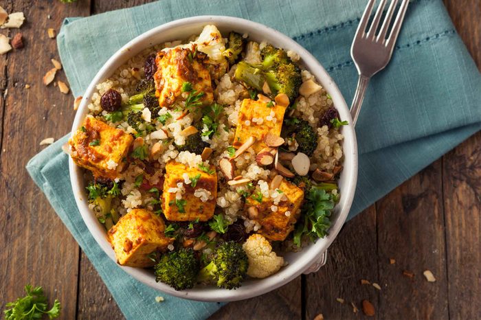bowl of cooked tofu, rice, and veggies