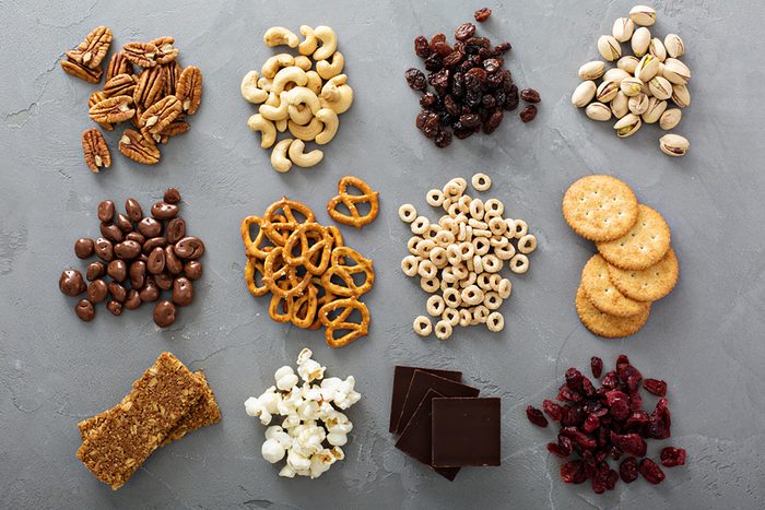 snacks like pretzels, nuts, popcorn
