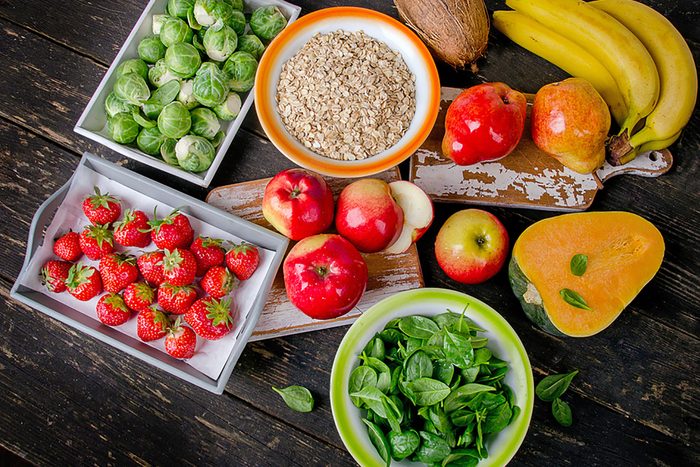 fruits, vegetables, greens, oats