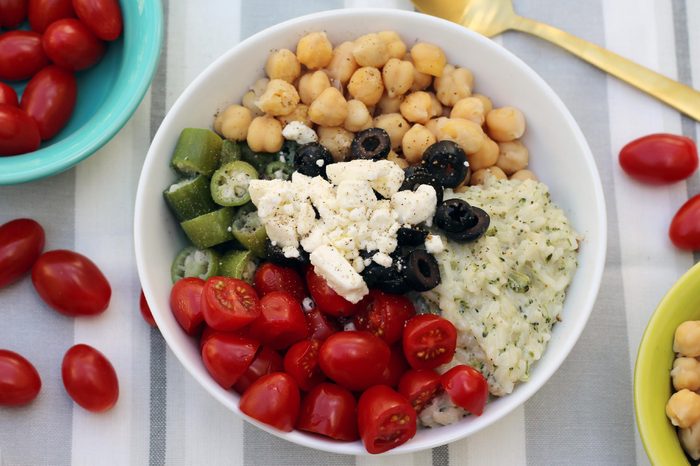 Okra, Chickpea, and Tomato Rice Bowl.