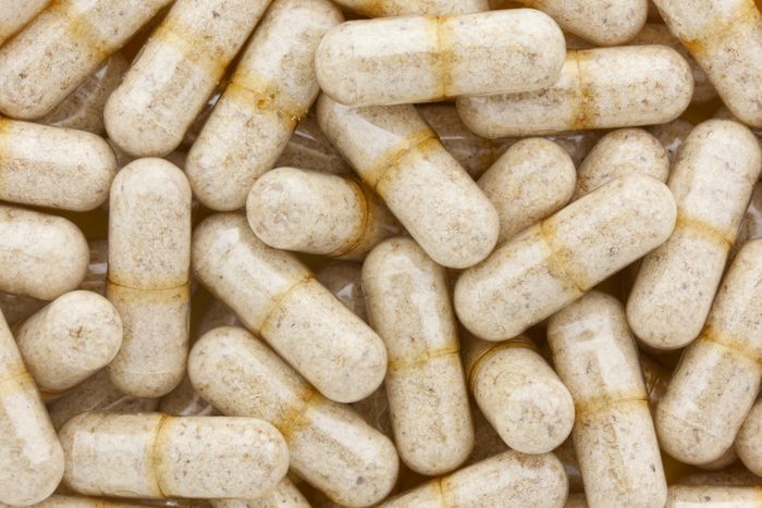 Ground psyllium in clear capsules is taken as a dietary fiber supplement. At certain dose levels this all natural supplement is taken as a cholesterol reducer.