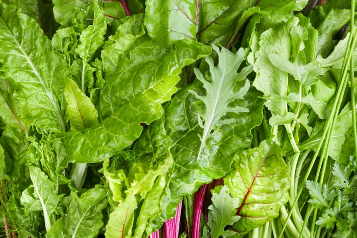 Full frame close up of mixed dark leafy greens including kale, chard and spinach