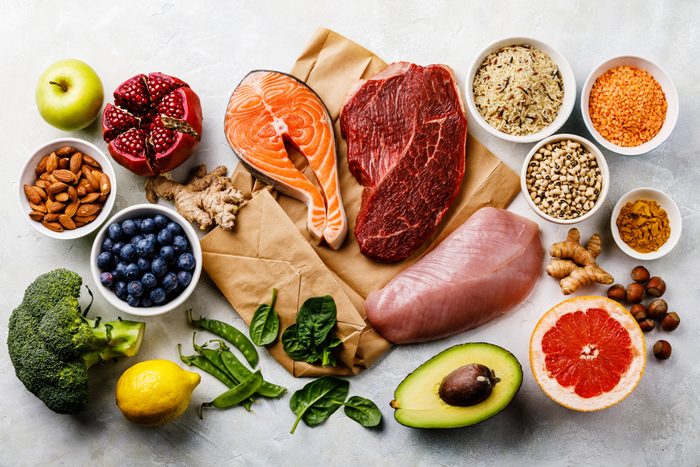 Balanced diet Organic Healthy food Clean eating selection Including Certain Protein Prevents Cancer: fish, meat, fruit, vegetable, cereal, leaf vegetable