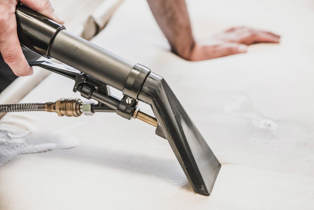 Cleaning couch with professional spray cleaner