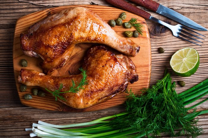 overhead shot of two chicken legs