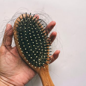 Hair loss inside wood comb brush, on hand