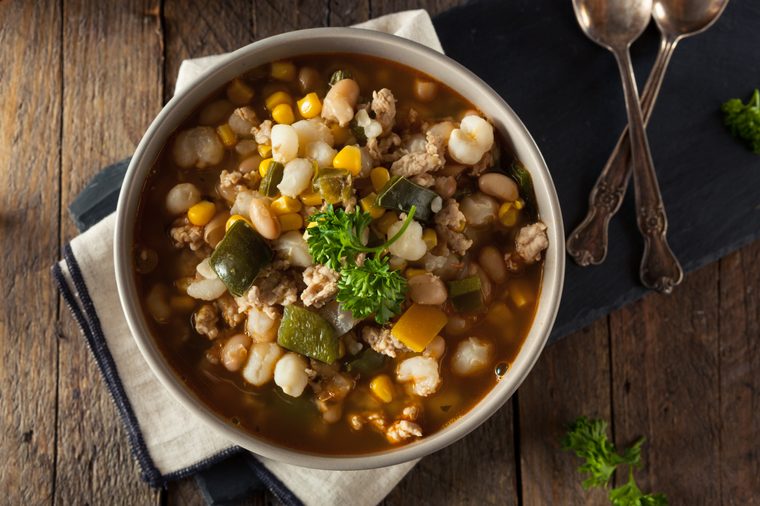 Hot Homemade White Bean Chicken Chili with Peppers and Corn