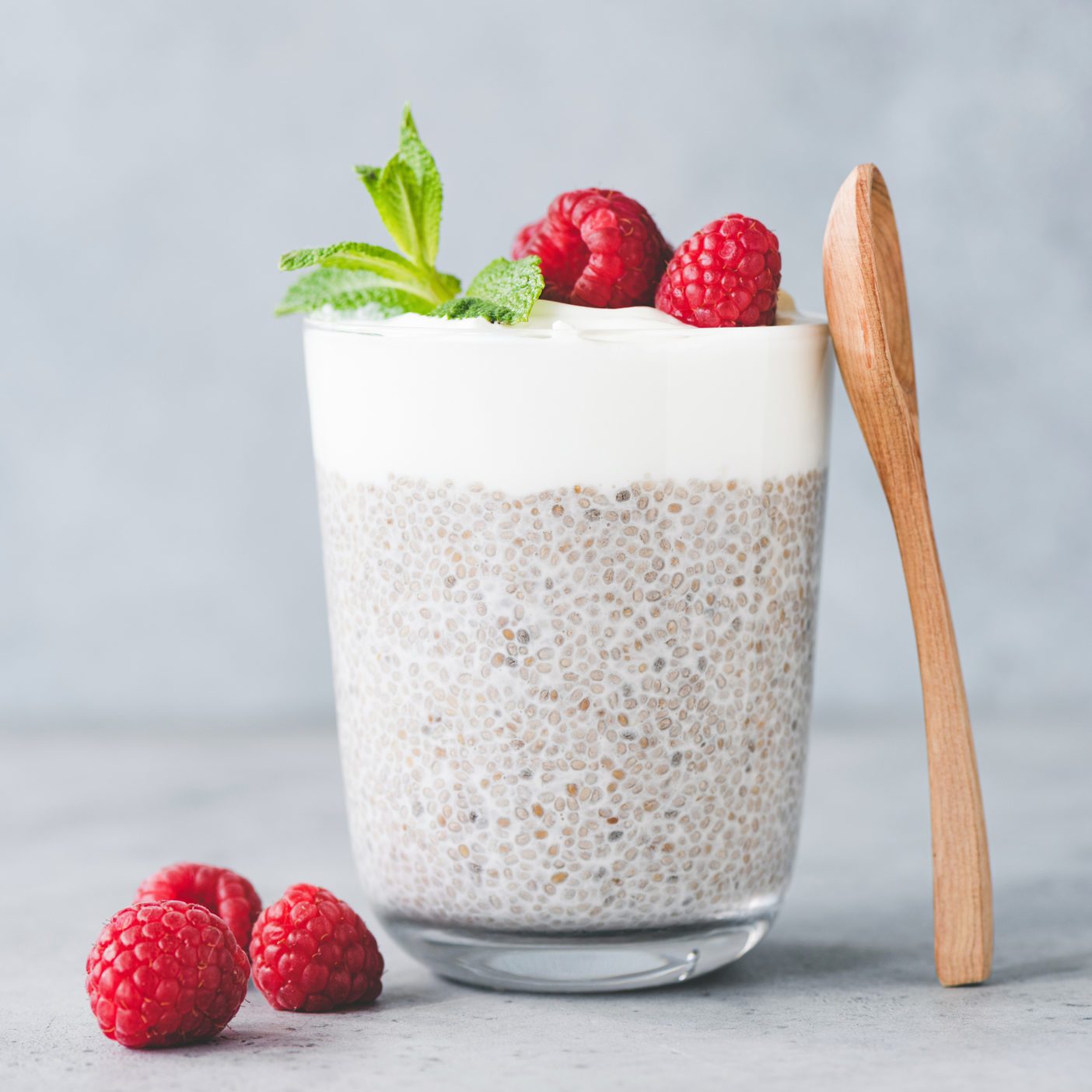 Chia Pudding Parfait With Yogurt And Raspberries