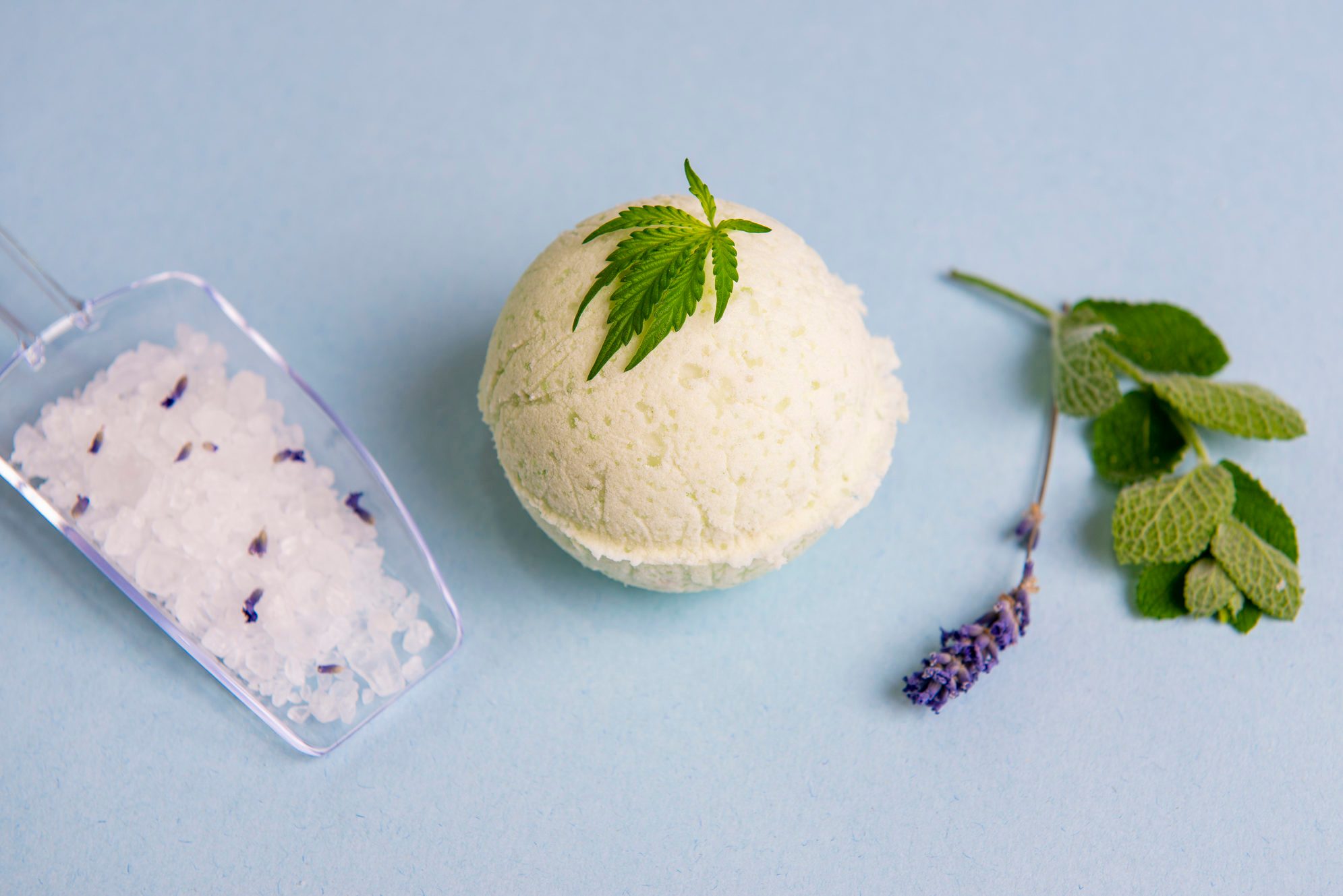 Cannabis wellness products with bath bomb and soaking salts